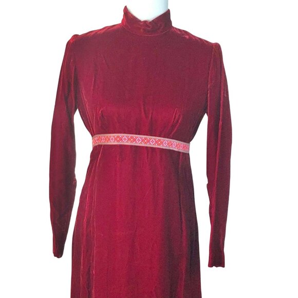 Vintage 1970s Red Velvet LS Empire Waist Maxi Dress Embroidered Waistband - Picture 4 of 12